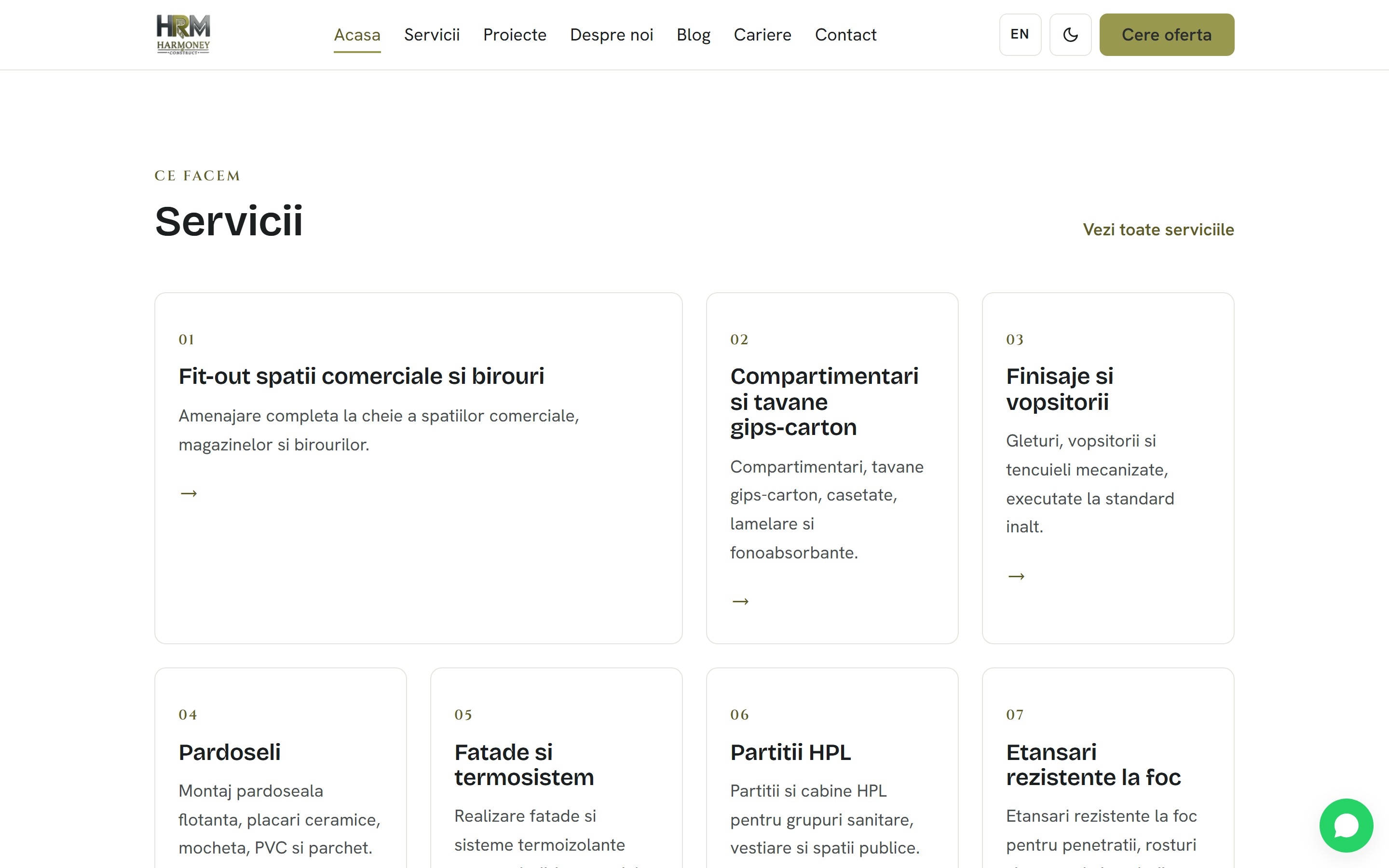Harmoney Construct — Site de prezentare bilingv cu hero 3D