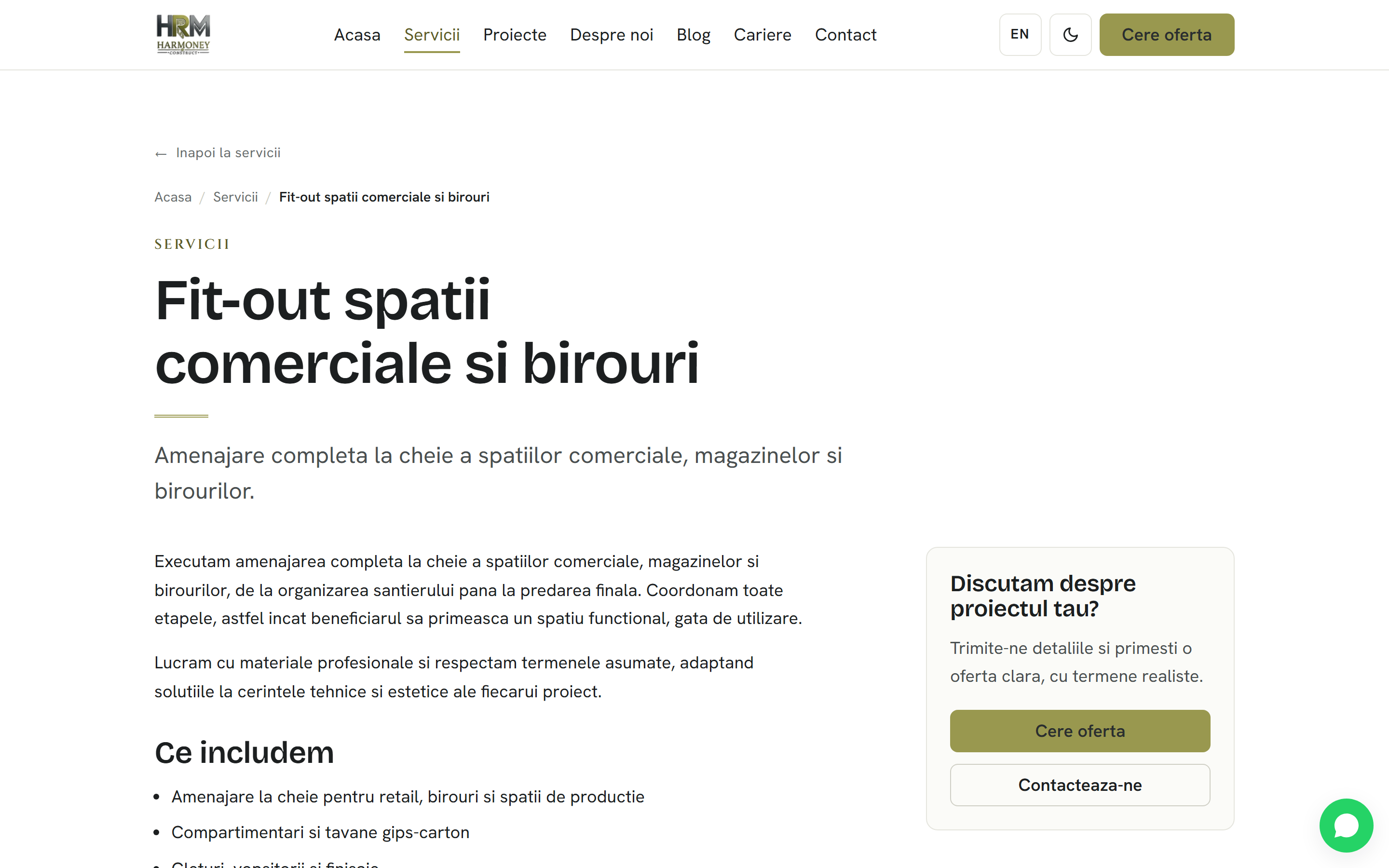 Harmoney Construct — Site de prezentare bilingv cu hero 3D