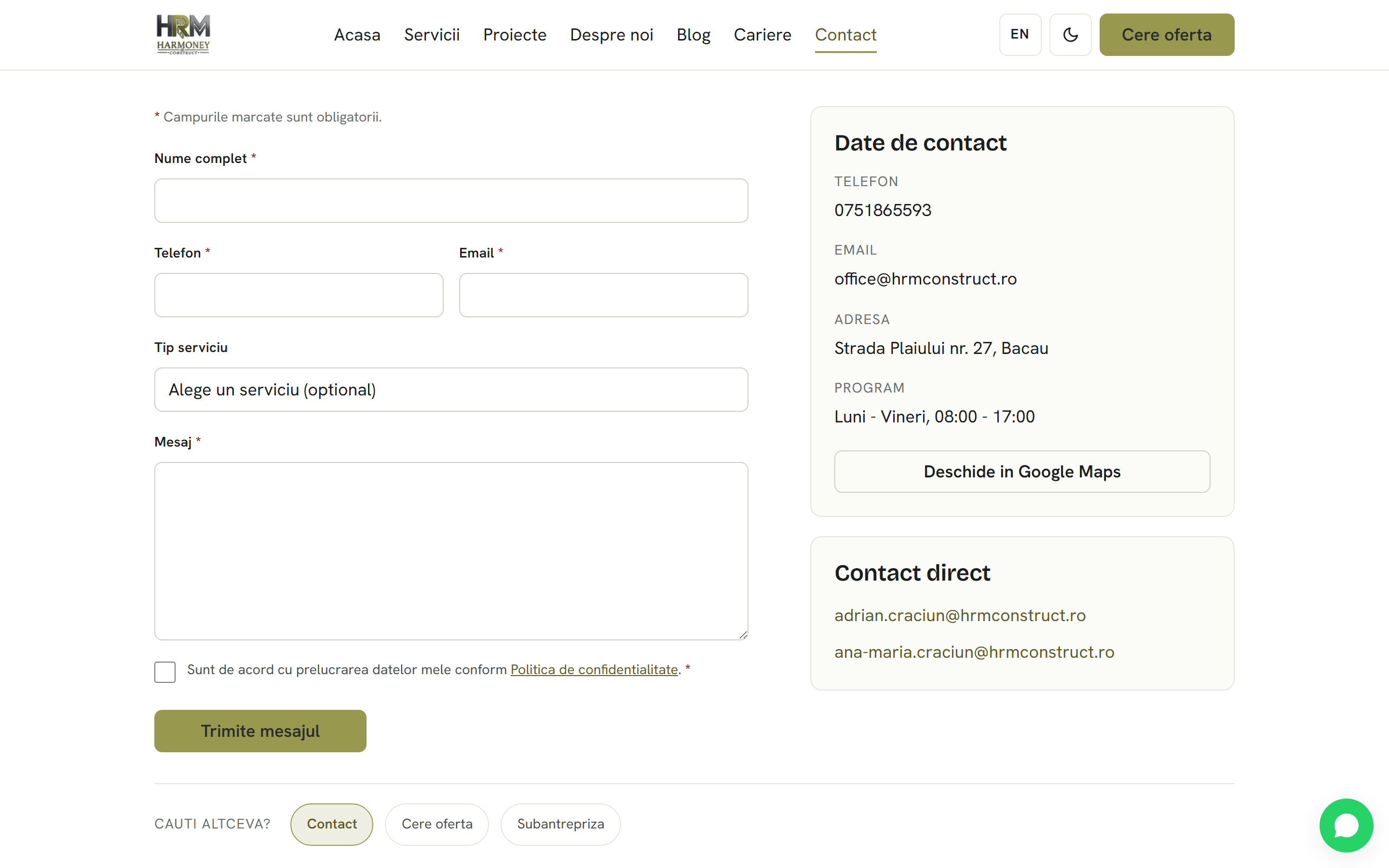 Harmoney Construct — Site de prezentare bilingv cu hero 3D