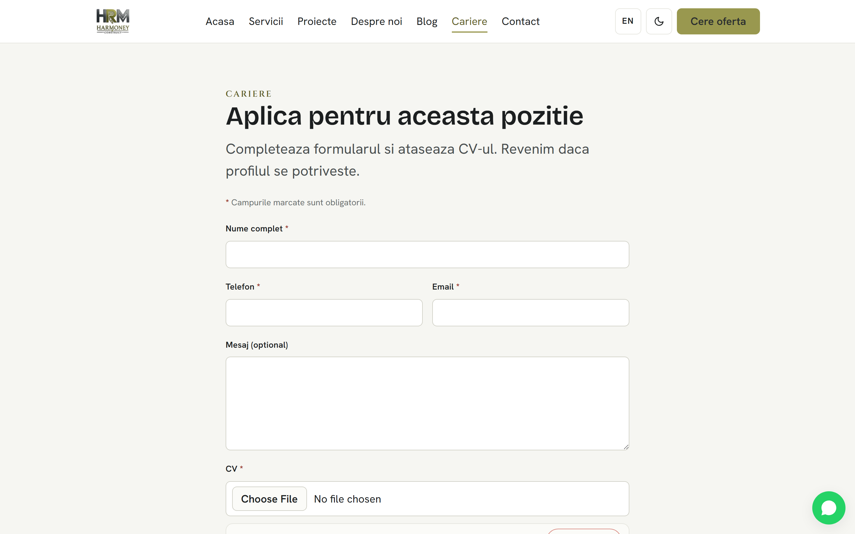 Harmoney Construct — Site de prezentare bilingv cu hero 3D