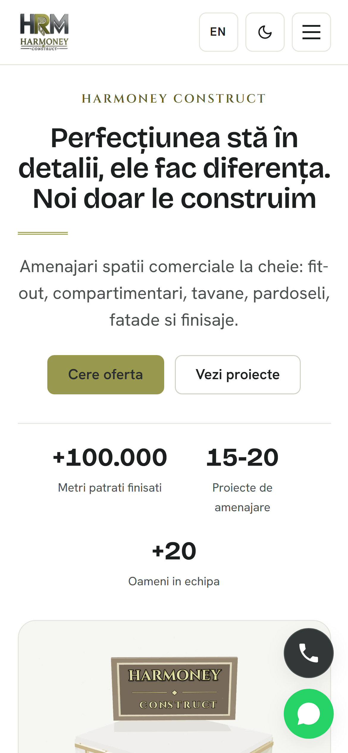 Harmoney Construct — Site de prezentare bilingv cu hero 3D
