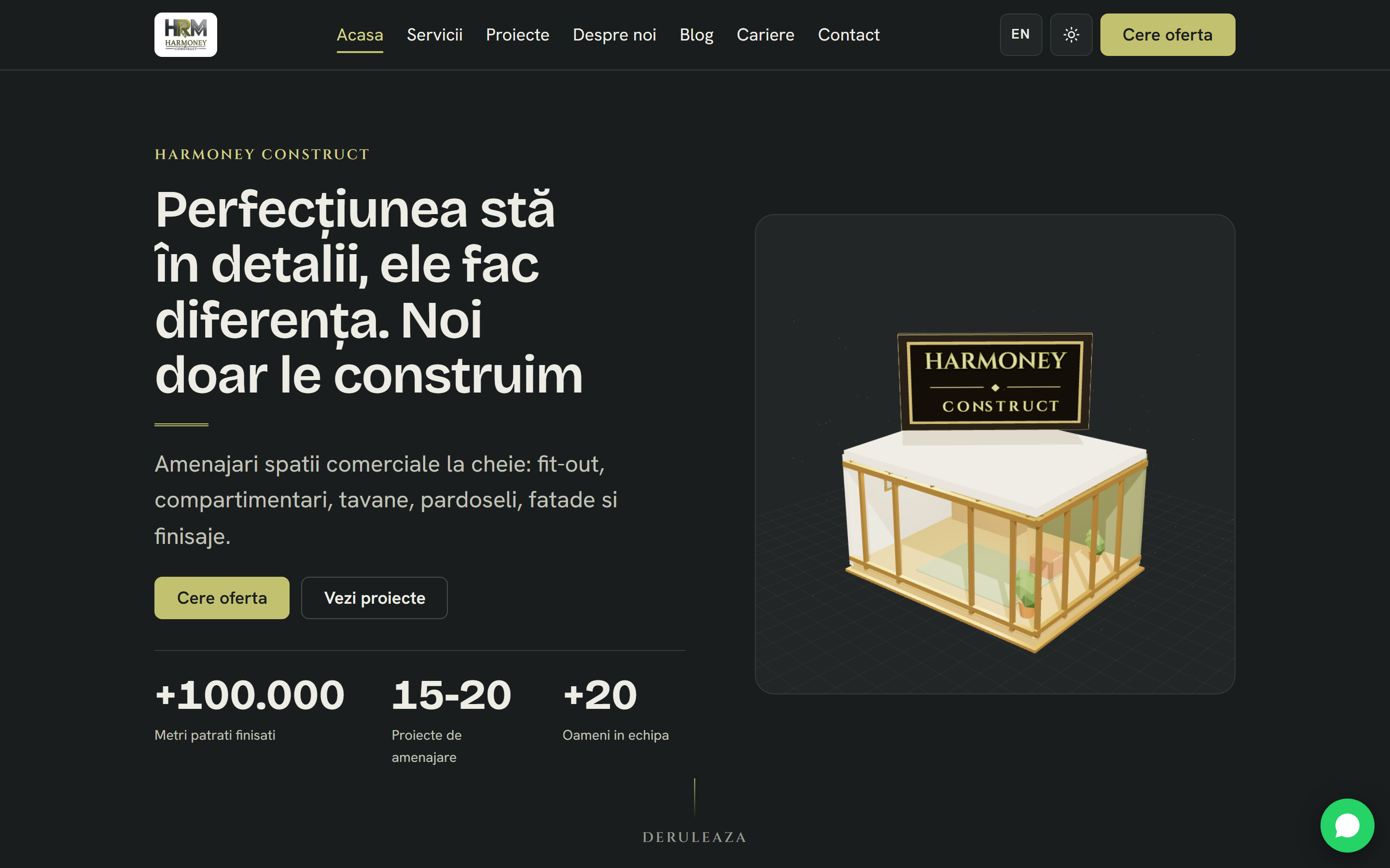 Harmoney Construct — Site de prezentare bilingv cu hero 3D