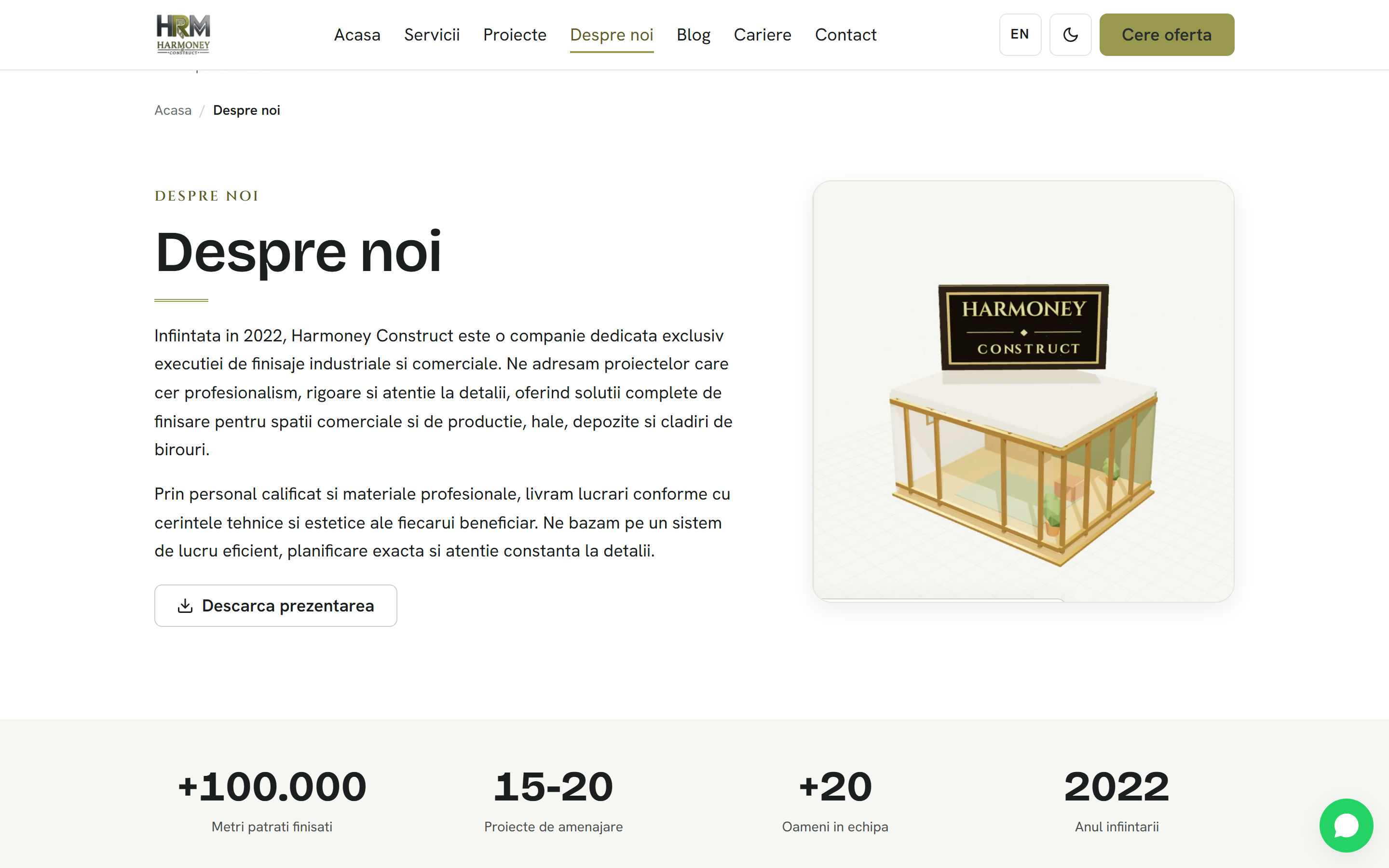 Harmoney Construct — Site de prezentare bilingv cu hero 3D