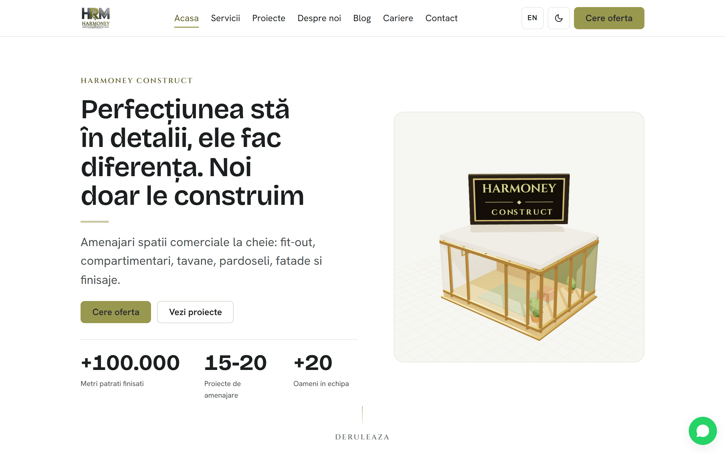 Harmoney Construct — Site de prezentare bilingv cu hero 3D