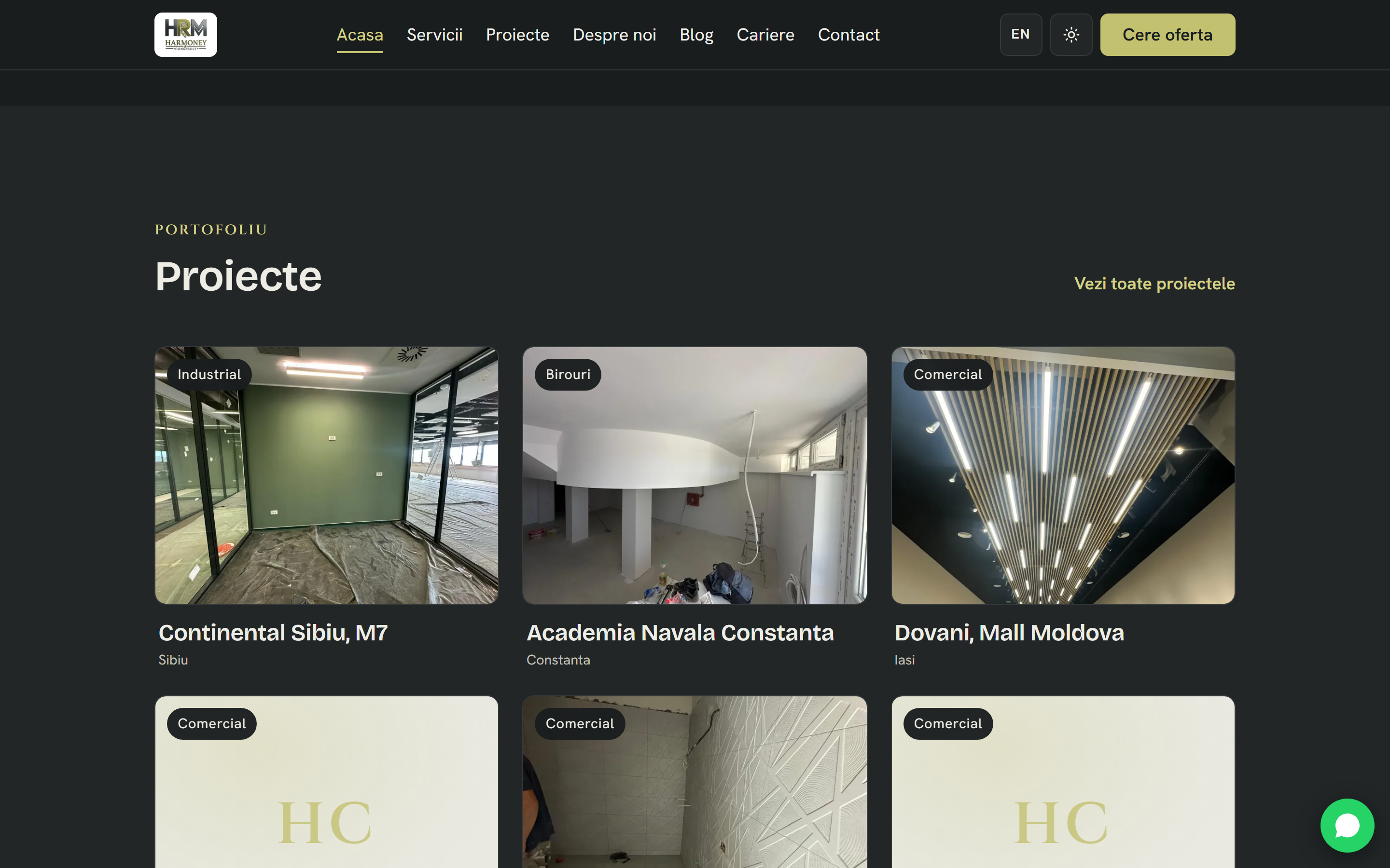 Harmoney Construct — Site de prezentare bilingv cu hero 3D