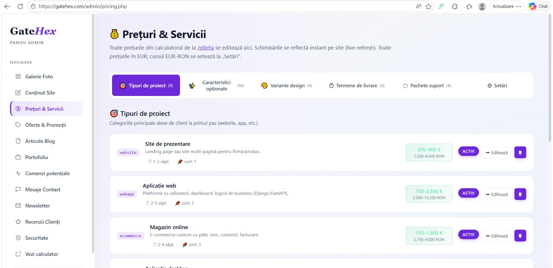 GateHex — site de prezentare cu admin propriu, calculator de preț și platformă de email marketing