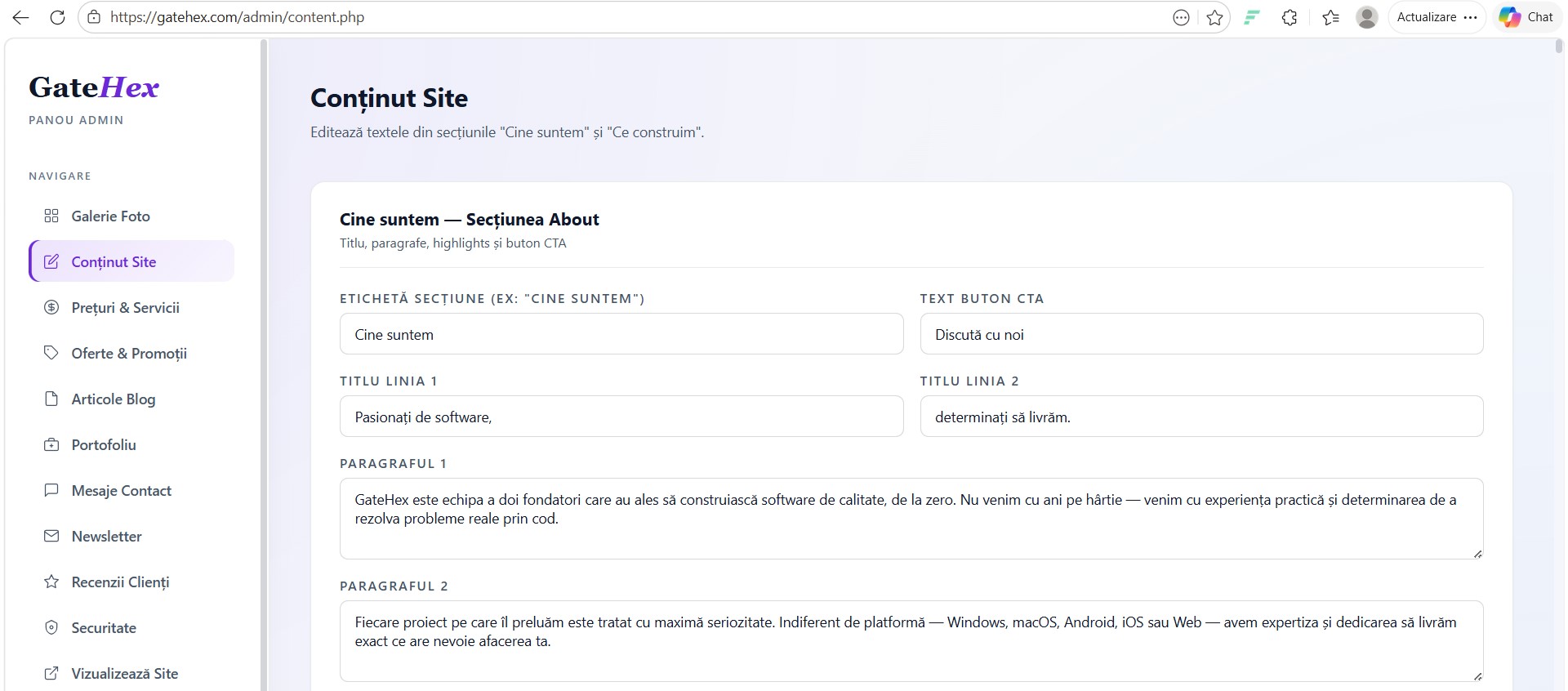 GateHex — site de prezentare cu admin propriu, calculator de preț și platformă de email marketing