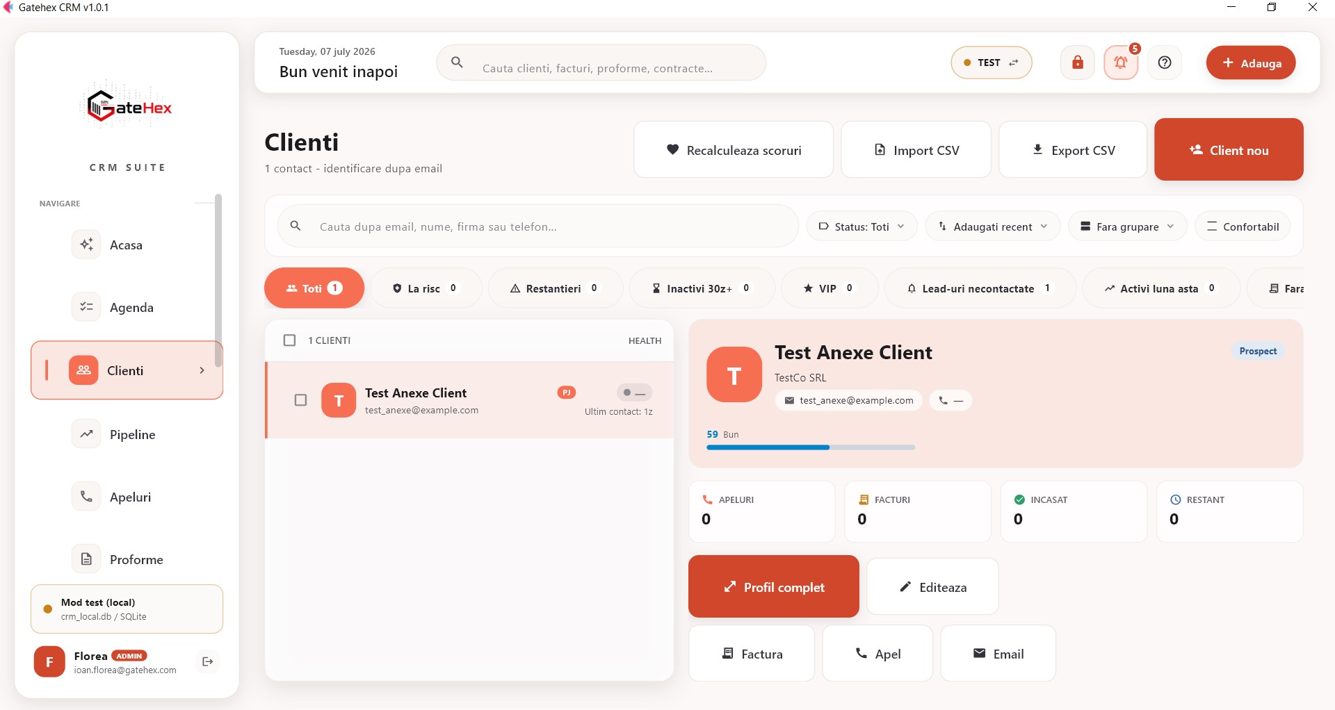 GateHex CRM — Sistem de gestiune clienti cu conformitate fiscala RO