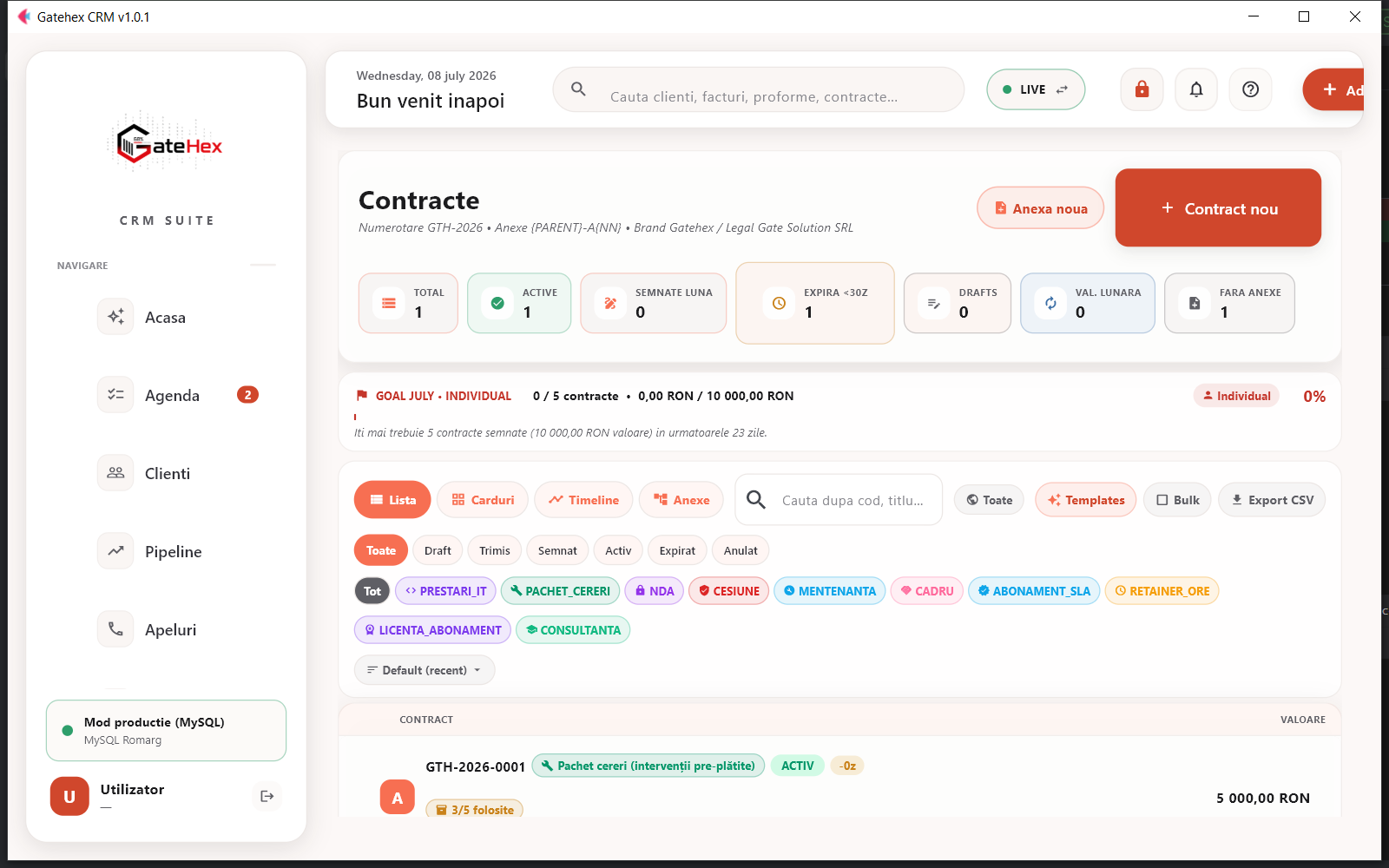 GateHex CRM — Sistem de gestiune clienti cu conformitate fiscala RO