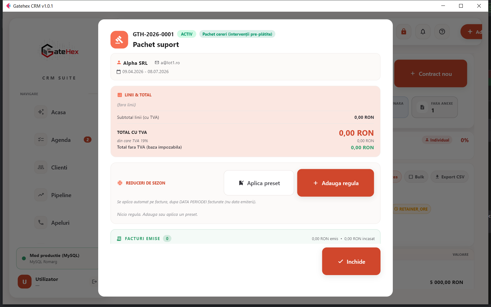 GateHex CRM — Sistem de gestiune clienti cu conformitate fiscala RO