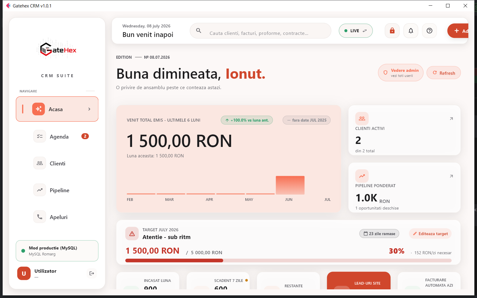 GateHex CRM — Sistem de gestiune clienti cu conformitate fiscala RO