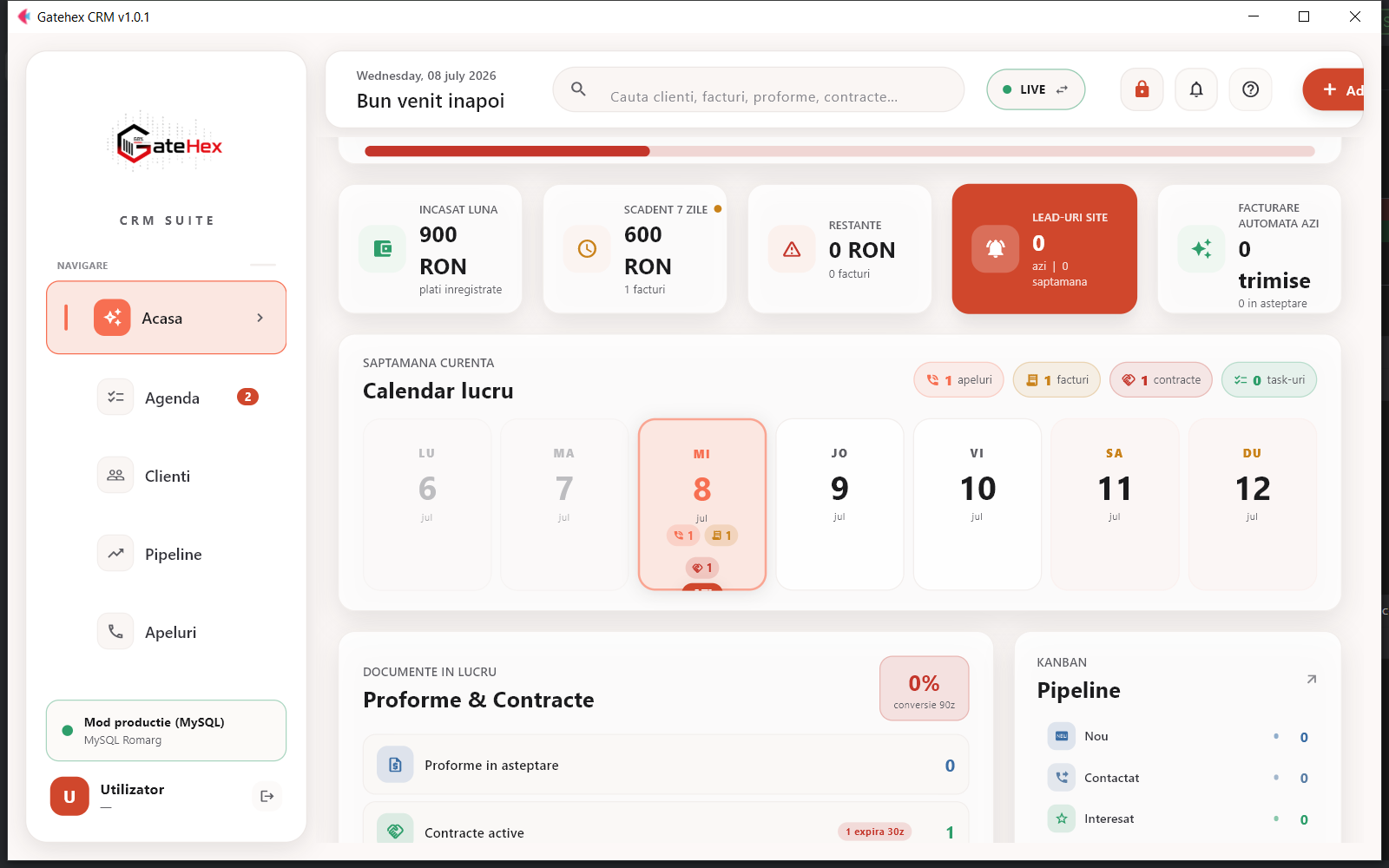 GateHex CRM — Sistem de gestiune clienti cu conformitate fiscala RO