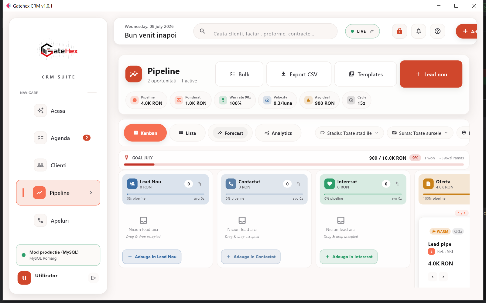 GateHex CRM — Sistem de gestiune clienti cu conformitate fiscala RO