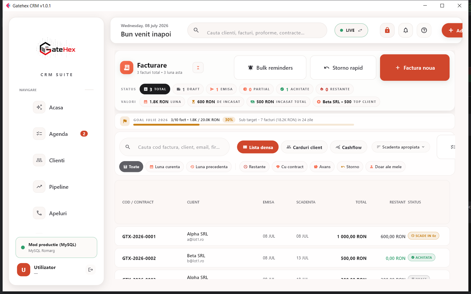 GateHex CRM — Sistem de gestiune clienti cu conformitate fiscala RO