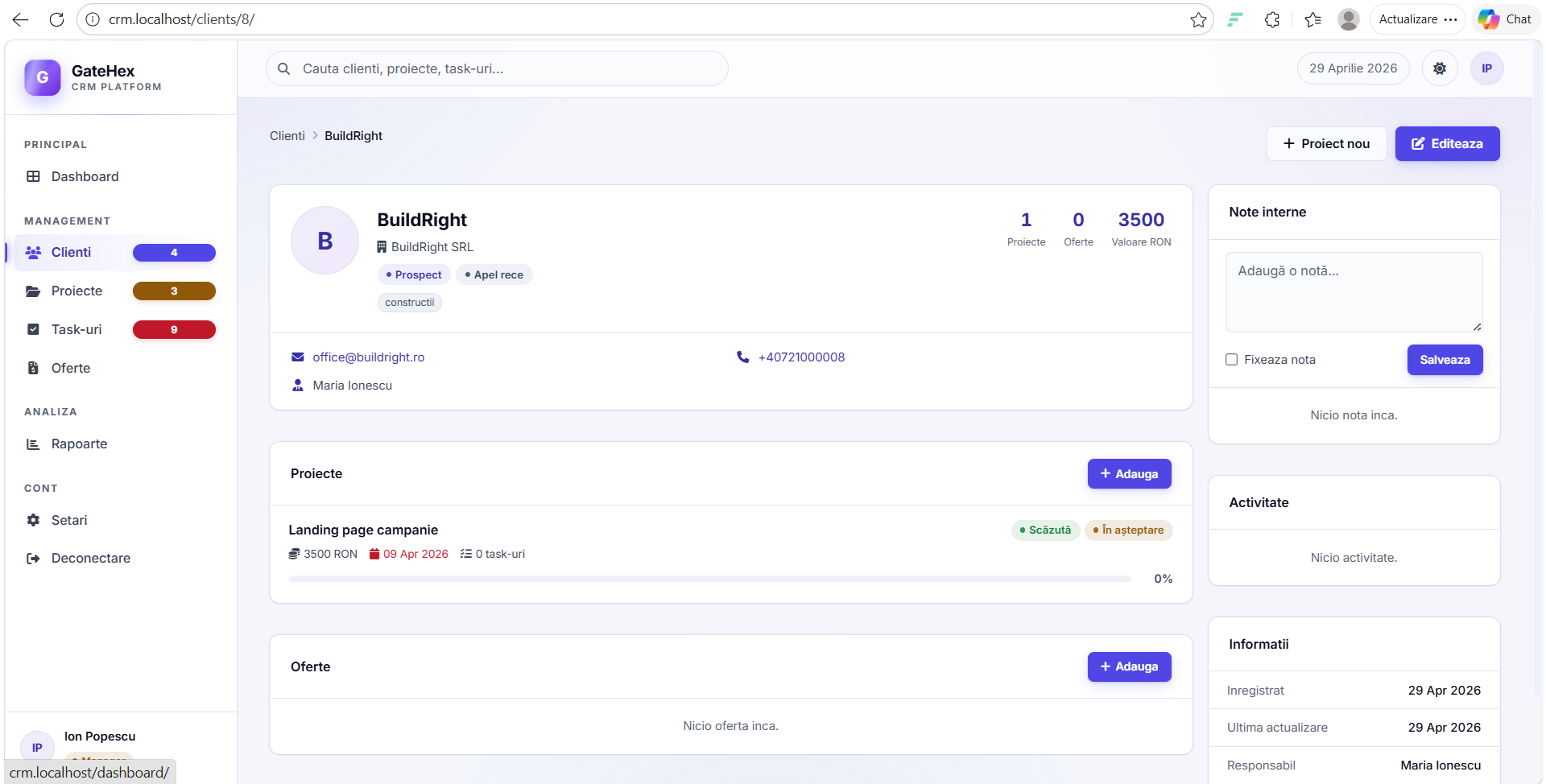 GateHex CRM — sistem de management clienți și proiecte