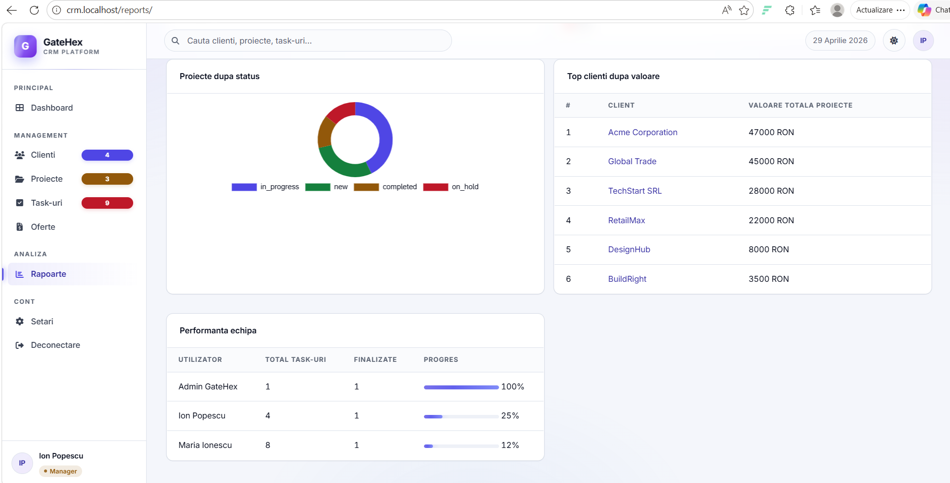 GateHex CRM — sistem de management clienți și proiecte