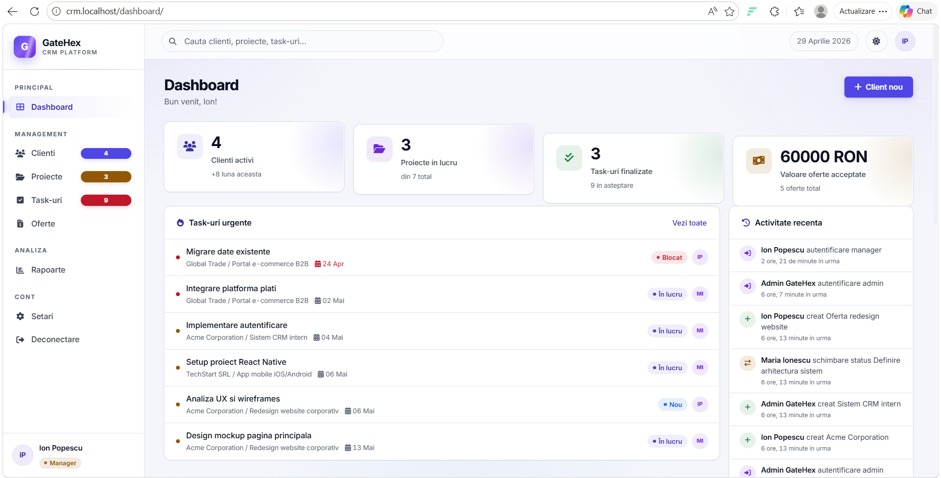 GateHex CRM — sistem de management clienți și proiecte