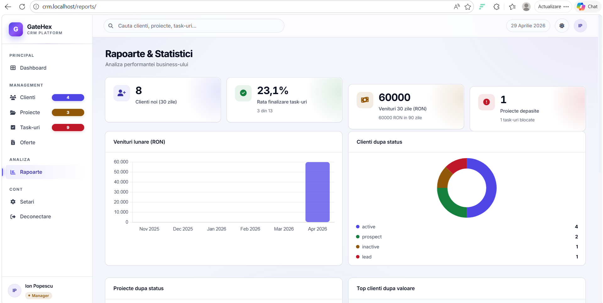 GateHex CRM — sistem de management clienți și proiecte