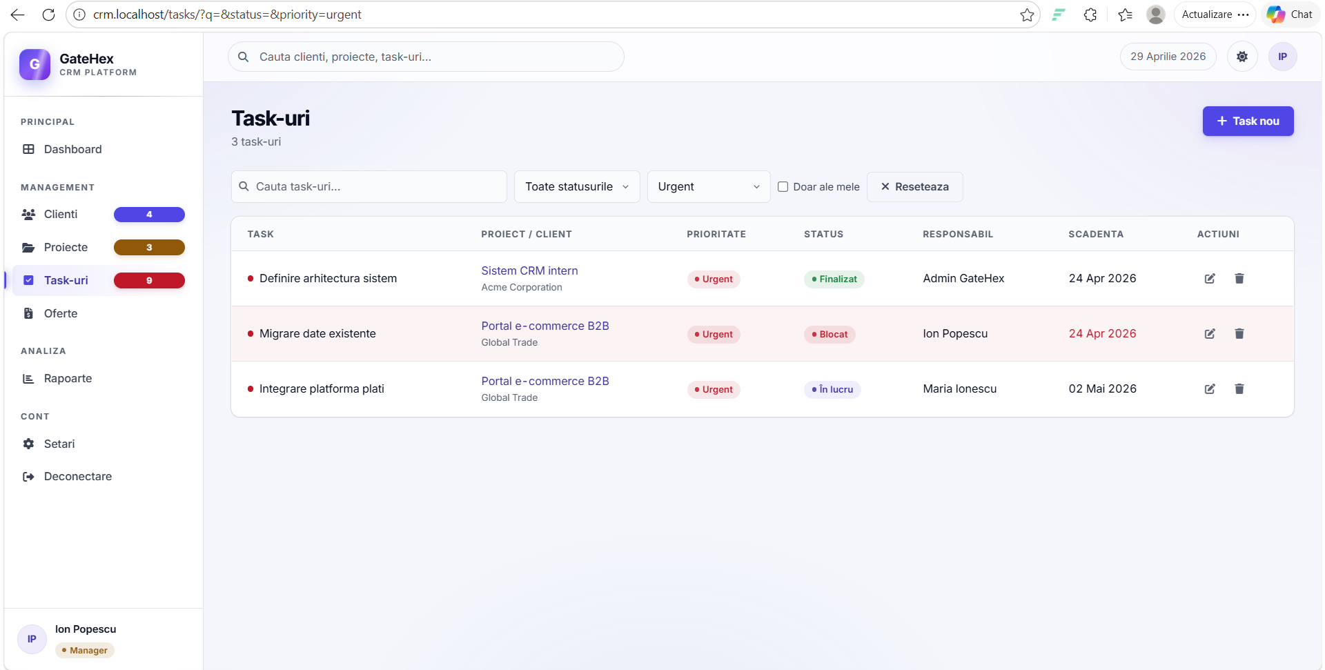 GateHex CRM — sistem de management clienți și proiecte