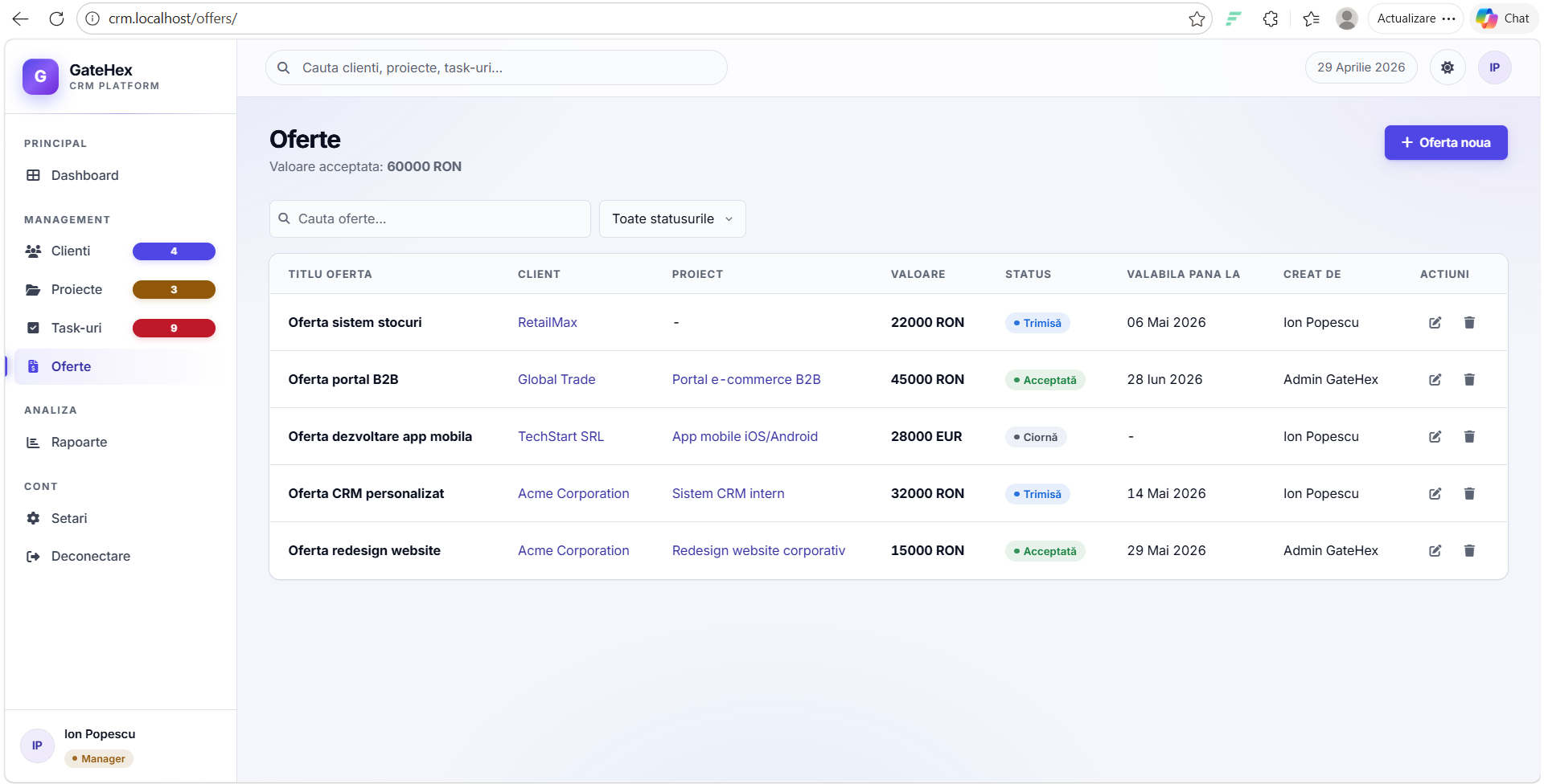 GateHex CRM — sistem de management clienți și proiecte