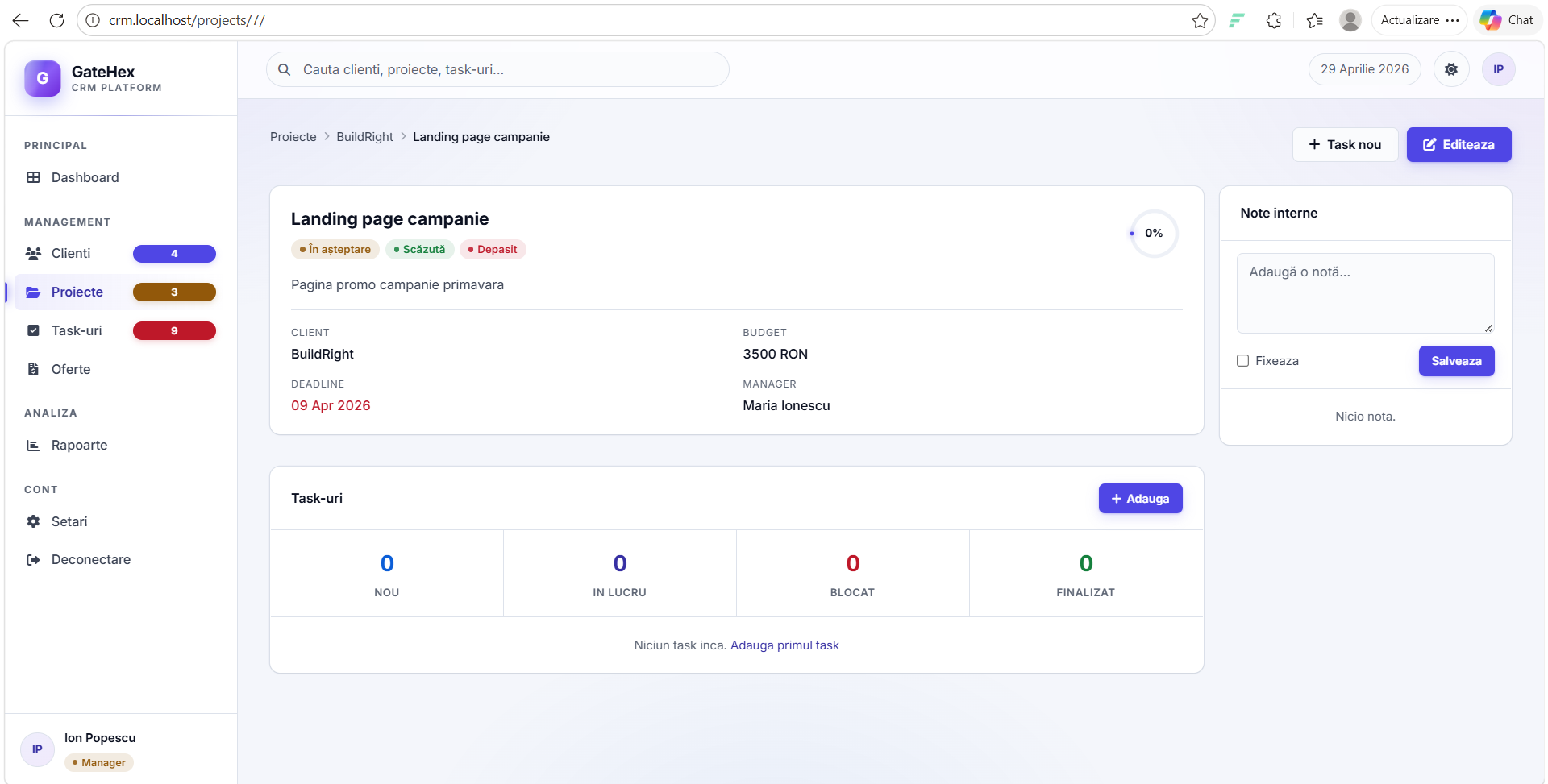 GateHex CRM — sistem de management clienți și proiecte