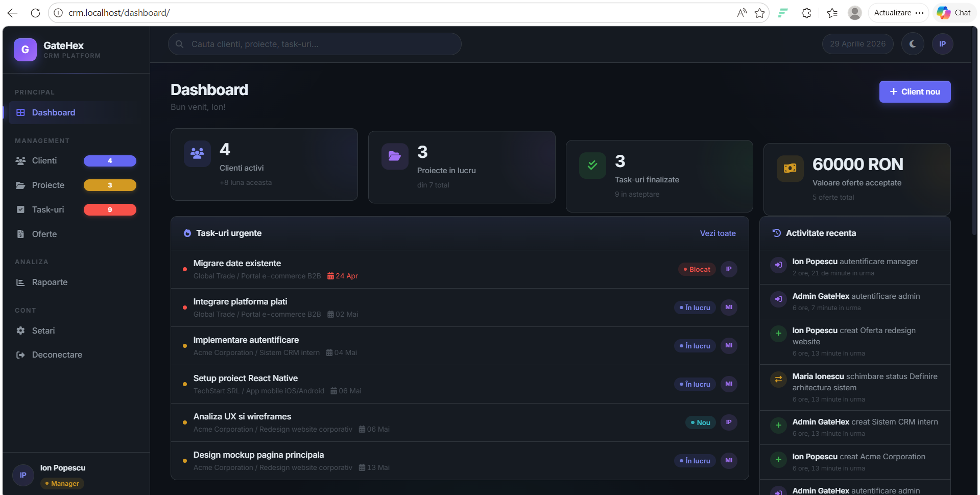 GateHex CRM — sistem de management clienți și proiecte
