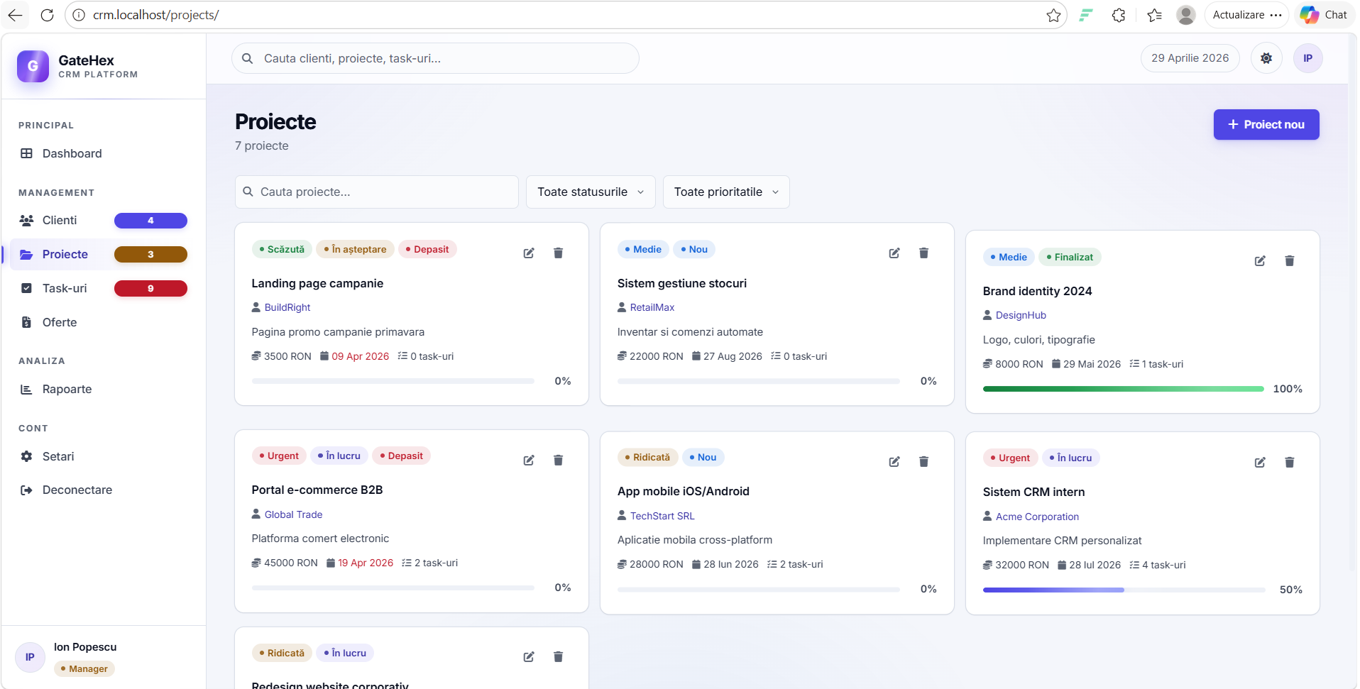 GateHex CRM — sistem de management clienți și proiecte