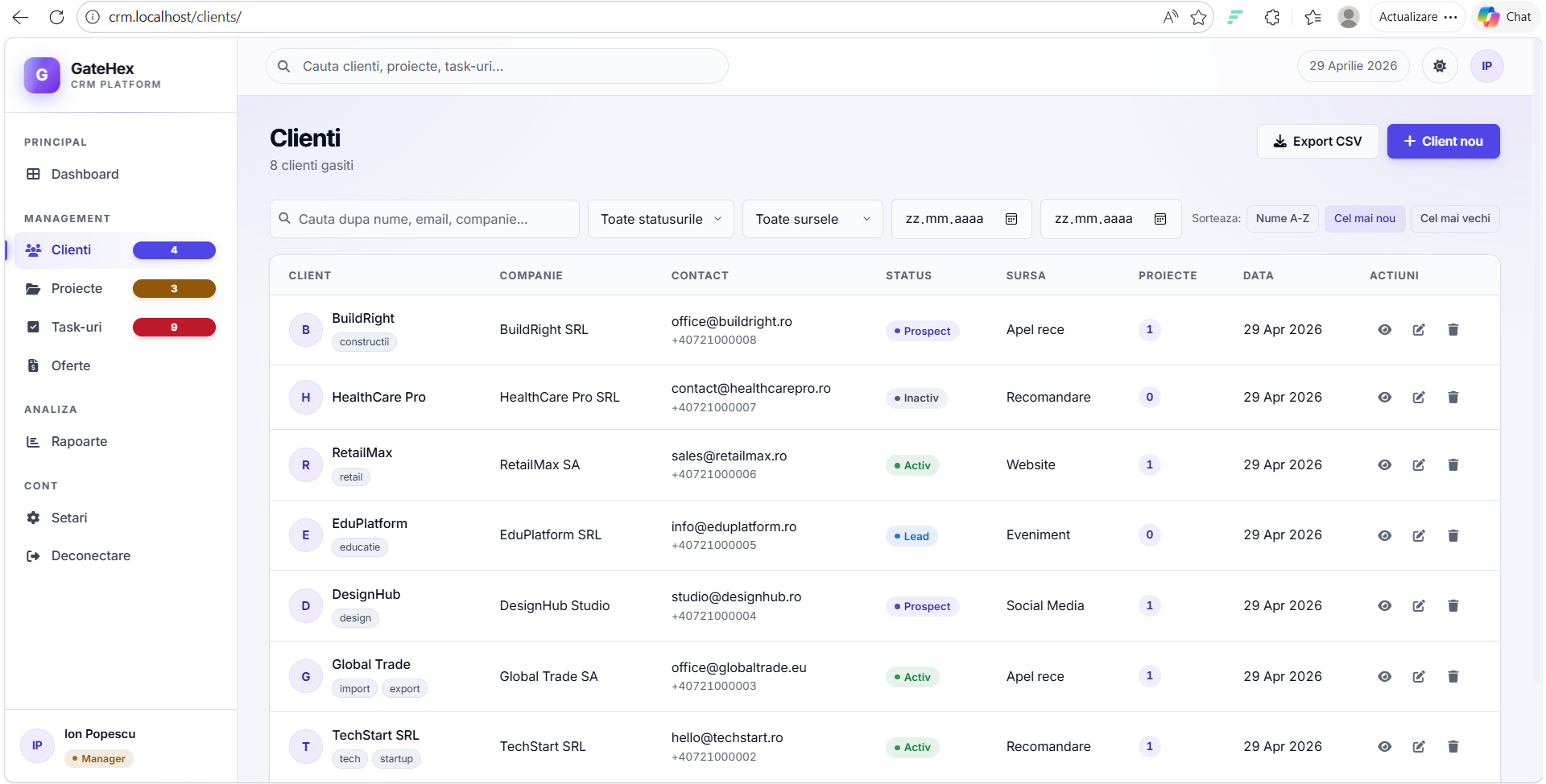 GateHex CRM — sistem de management clienți și proiecte